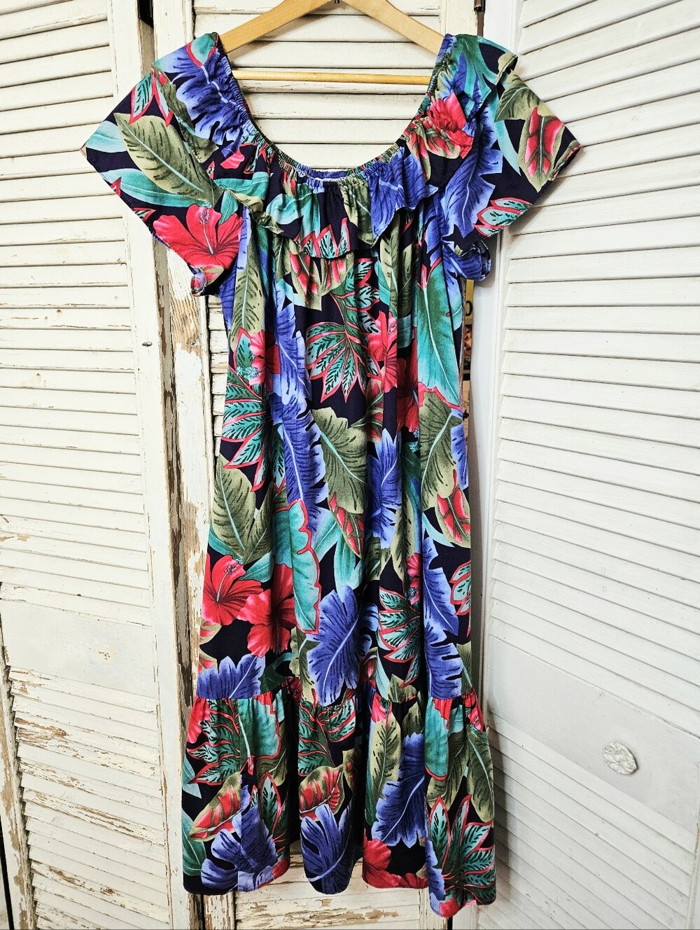 Vintage 80s Hilo Hattie Floral Print Midi Dress Ruffle Shoulder 100% Cotton XL